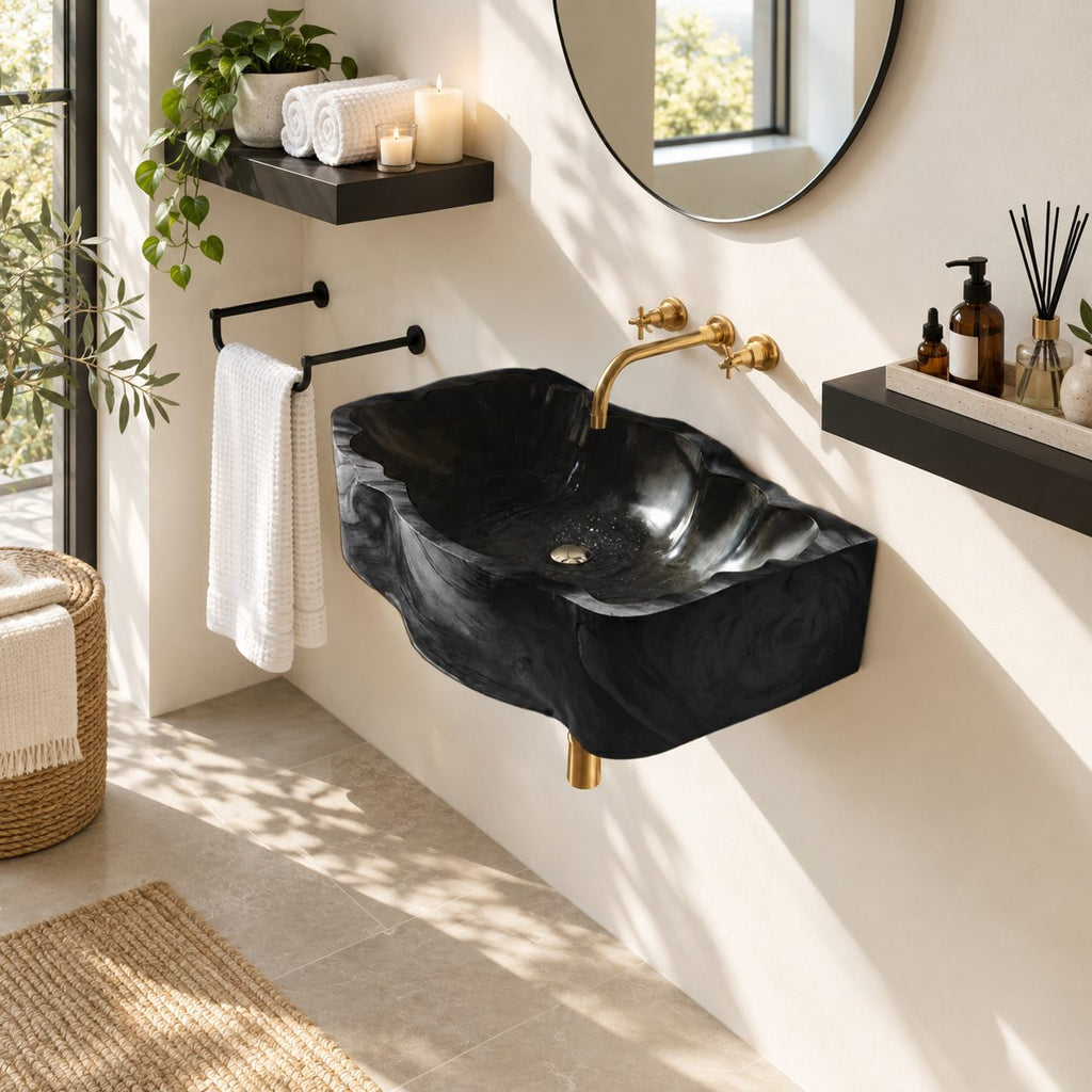 Deep Scalloped Block Wall Mounted Wooden Sink, Solid Wood Wall-Hung Basin with Sealed Interior 22-36 Inch