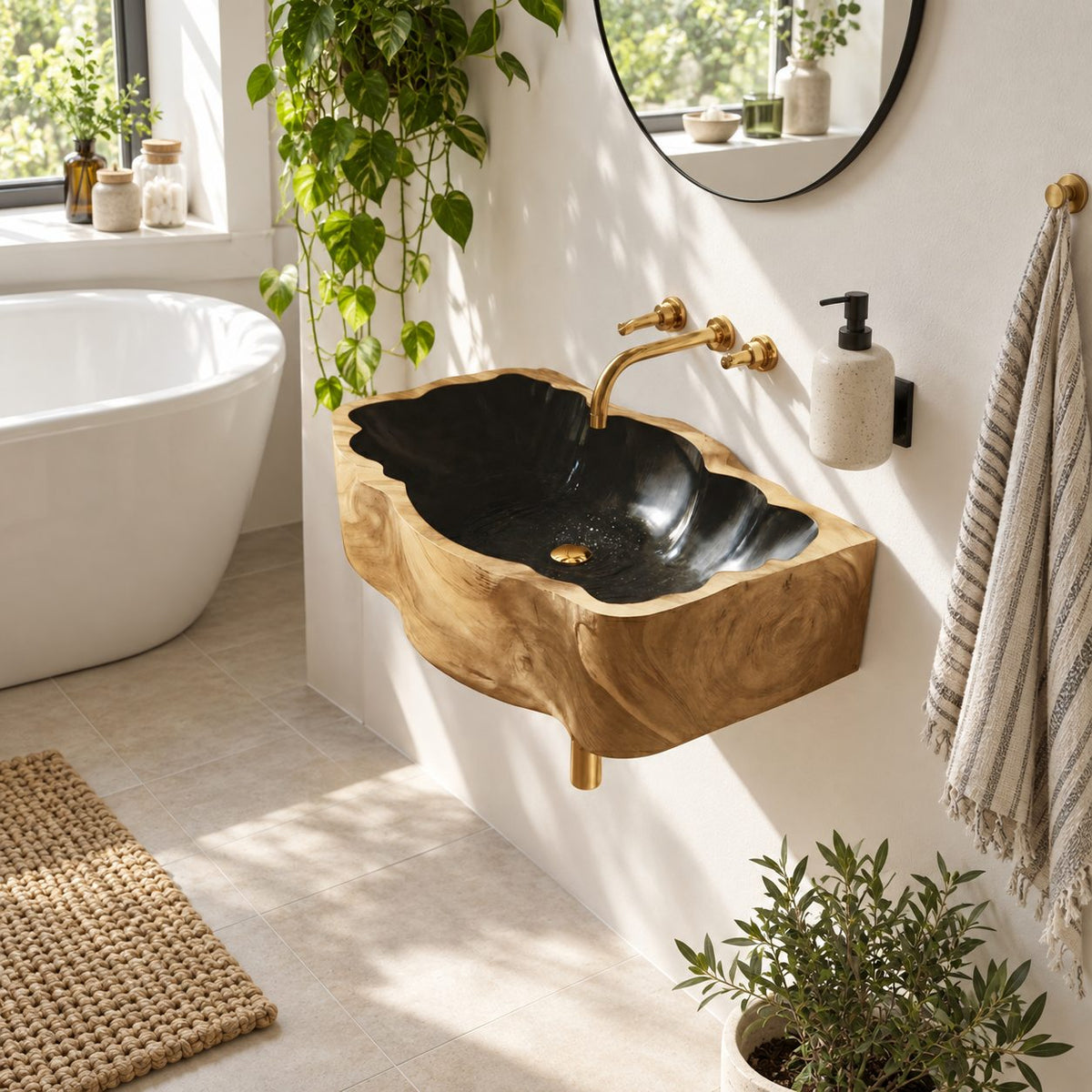 Deep Scalloped Block Wall Mounted Wooden Sink, Solid Wood Wall-Hung Basin with Sealed Interior 22-36 Inch