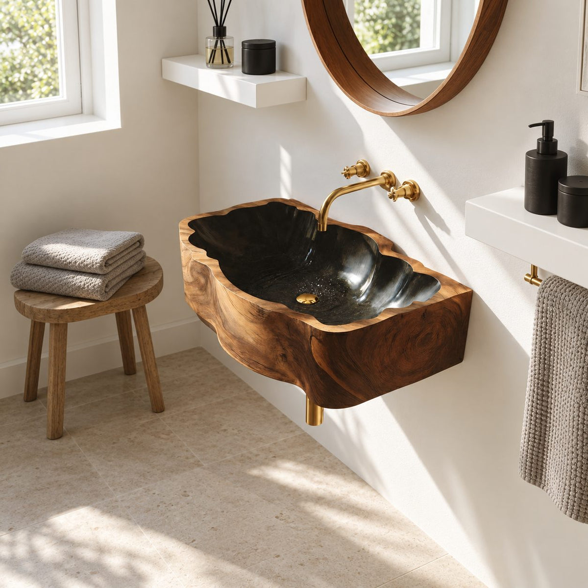 Deep Scalloped Block Wall Mounted Wooden Sink, Solid Wood Wall-Hung Basin with Sealed Interior 22-36 Inch