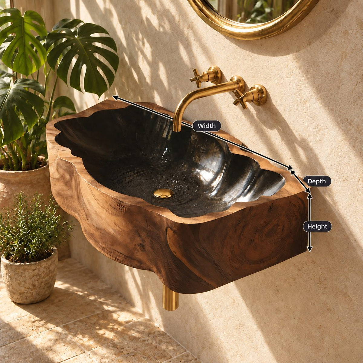 Deep Scalloped Block Wall Mounted Wooden Sink, Solid Wood Wall-Hung Basin with Sealed Interior 22-36 Inch