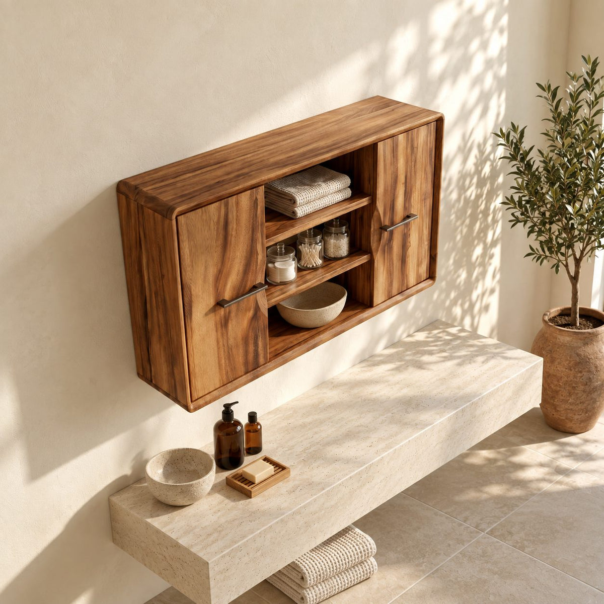 Twin Door Bathroom Wall Cabinet with Center Open Shelves, Rounded Edge Solid Wood Storage 40-71 Inch