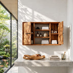 Twin Door Bathroom Wall Cabinet with Center Open Shelves, Rounded Edge Solid Wood Storage 40-71 Inch
