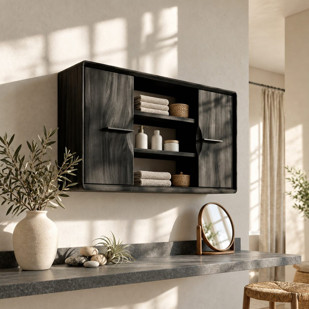 Twin Door Bathroom Wall Cabinet with Center Open Shelves, Rounded Edge Solid Wood Storage 40-71 Inch