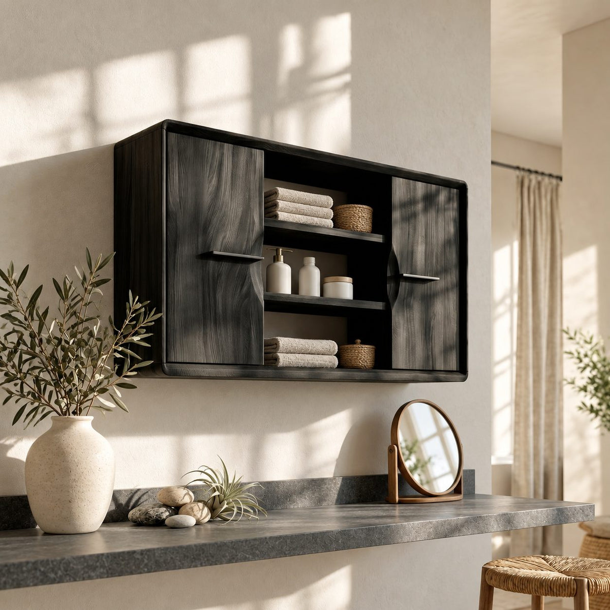 Twin Door Bathroom Wall Cabinet with Center Open Shelves, Rounded Edge Solid Wood Storage 40-71 Inch