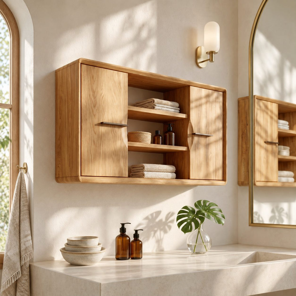 Twin Door Bathroom Wall Cabinet with Center Open Shelves, Rounded Edge Solid Wood Storage 40-71 Inch