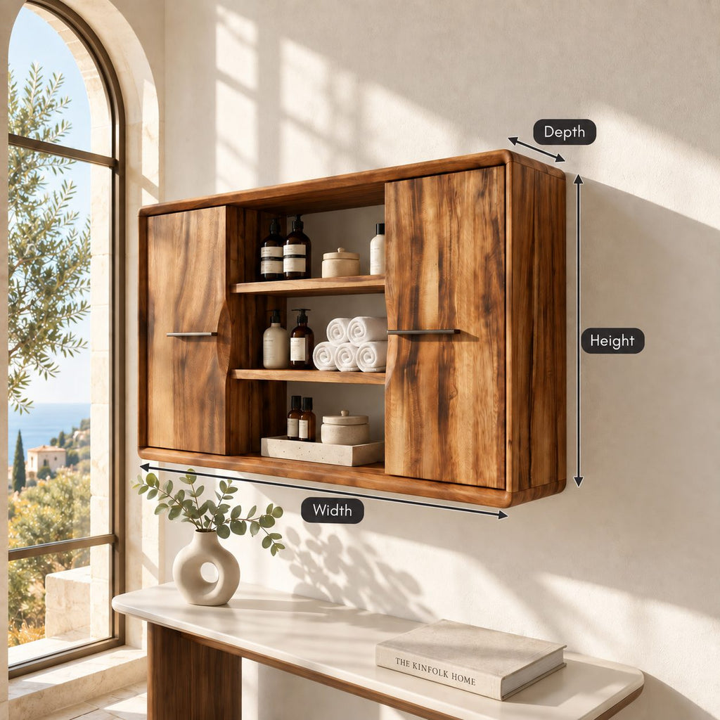 Twin Door Bathroom Wall Cabinet with Center Open Shelves, Rounded Edge Solid Wood Storage 40-71 Inch