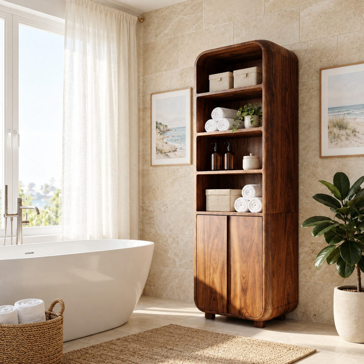 Arched Top Linen Tower Bathroom Cabinet with Open Shelves and Two Doors, Freestanding Solid Wood Storage