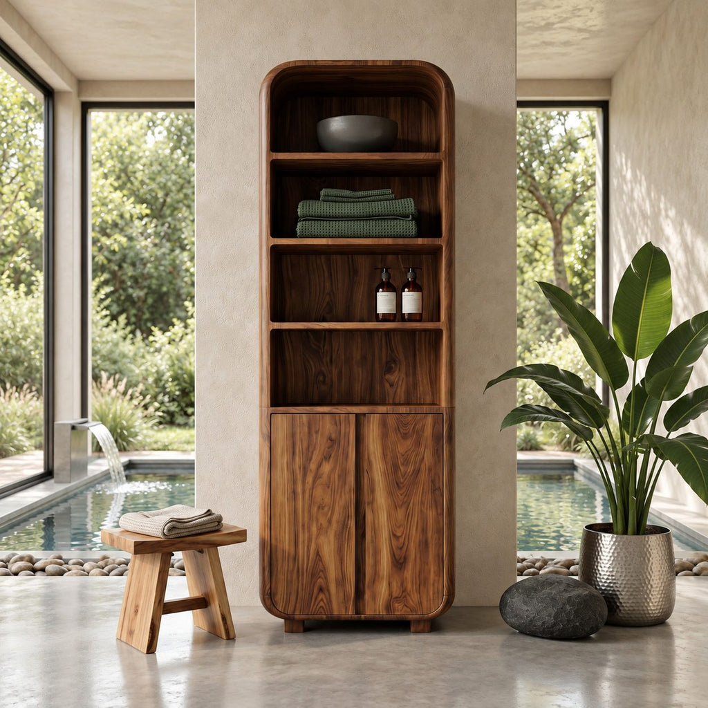 Arched Top Linen Tower Bathroom Cabinet with Open Shelves and Two Doors, Freestanding Solid Wood Storage