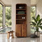 Arched Top Linen Tower Bathroom Cabinet with Open Shelves and Two Doors, Freestanding Solid Wood Storage