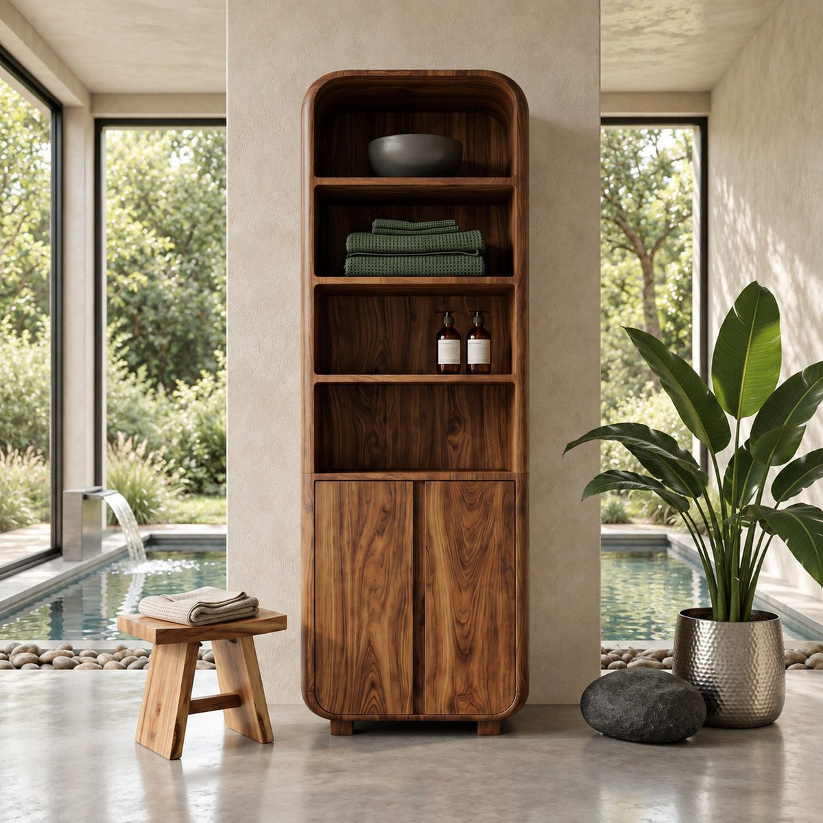 Arched Top Linen Tower Bathroom Cabinet with Open Shelves and Two Doors, Freestanding Solid Wood Storage