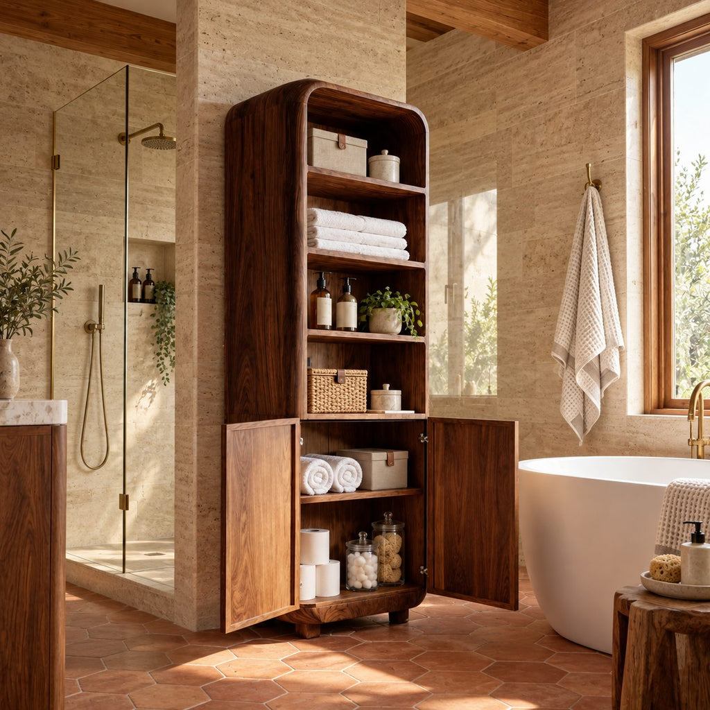 Arched Top Linen Tower Bathroom Cabinet with Open Shelves and Two Doors, Freestanding Solid Wood Storage