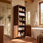 Arched Top Linen Tower Bathroom Cabinet with Open Shelves and Two Doors, Freestanding Solid Wood Storage