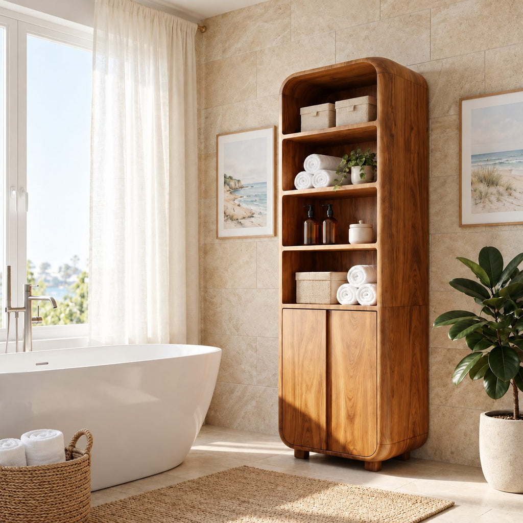 Arched Top Linen Tower Bathroom Cabinet with Open Shelves and Two Doors, Freestanding Solid Wood Storage