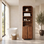 Arched Top Linen Tower Bathroom Cabinet with Open Shelves and Two Doors, Freestanding Solid Wood Storage