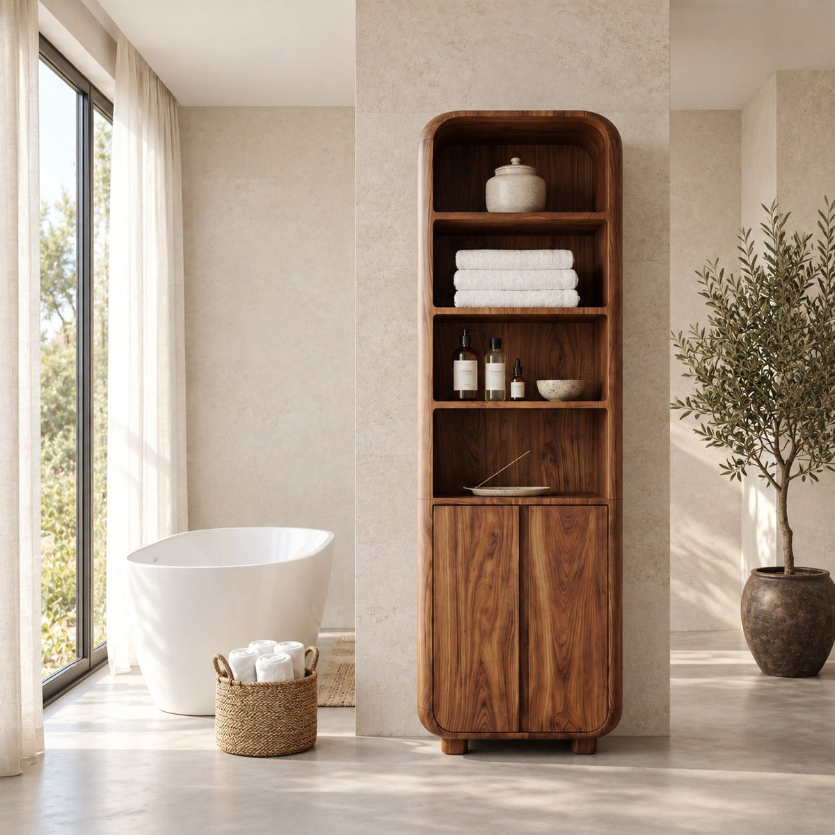 Arched Top Linen Tower Bathroom Cabinet with Open Shelves and Two Doors, Freestanding Solid Wood Storage
