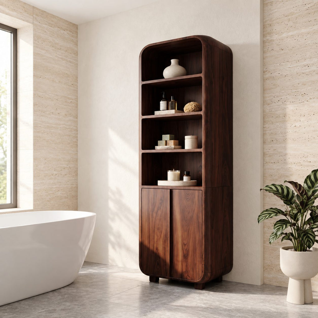 Arched Top Linen Tower Bathroom Cabinet with Open Shelves and Two Doors, Freestanding Solid Wood Storage