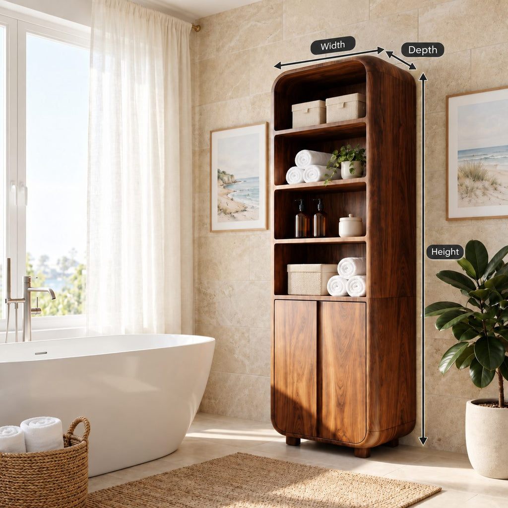 Arched Top Linen Tower Bathroom Cabinet with Open Shelves and Two Doors, Freestanding Solid Wood Storage