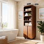 Arched Top Linen Tower Bathroom Cabinet with Open Shelves and Two Doors, Freestanding Solid Wood Storage