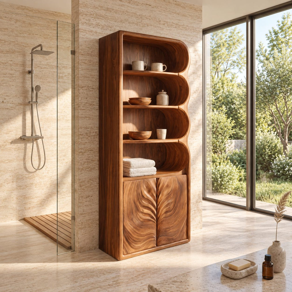 Leaf Carved Door Tall Bathroom Cabinet with Scalloped Open Shelves, Solid Wood Linen Storage 50-70 Inch