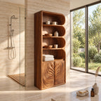 Leaf Carved Door Tall Bathroom Cabinet with Scalloped Open Shelves, Solid Wood Linen Storage 50-70 Inch