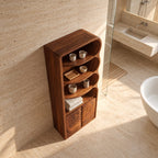 Leaf Carved Door Tall Bathroom Cabinet with Scalloped Open Shelves, Solid Wood Linen Storage 50-70 Inch