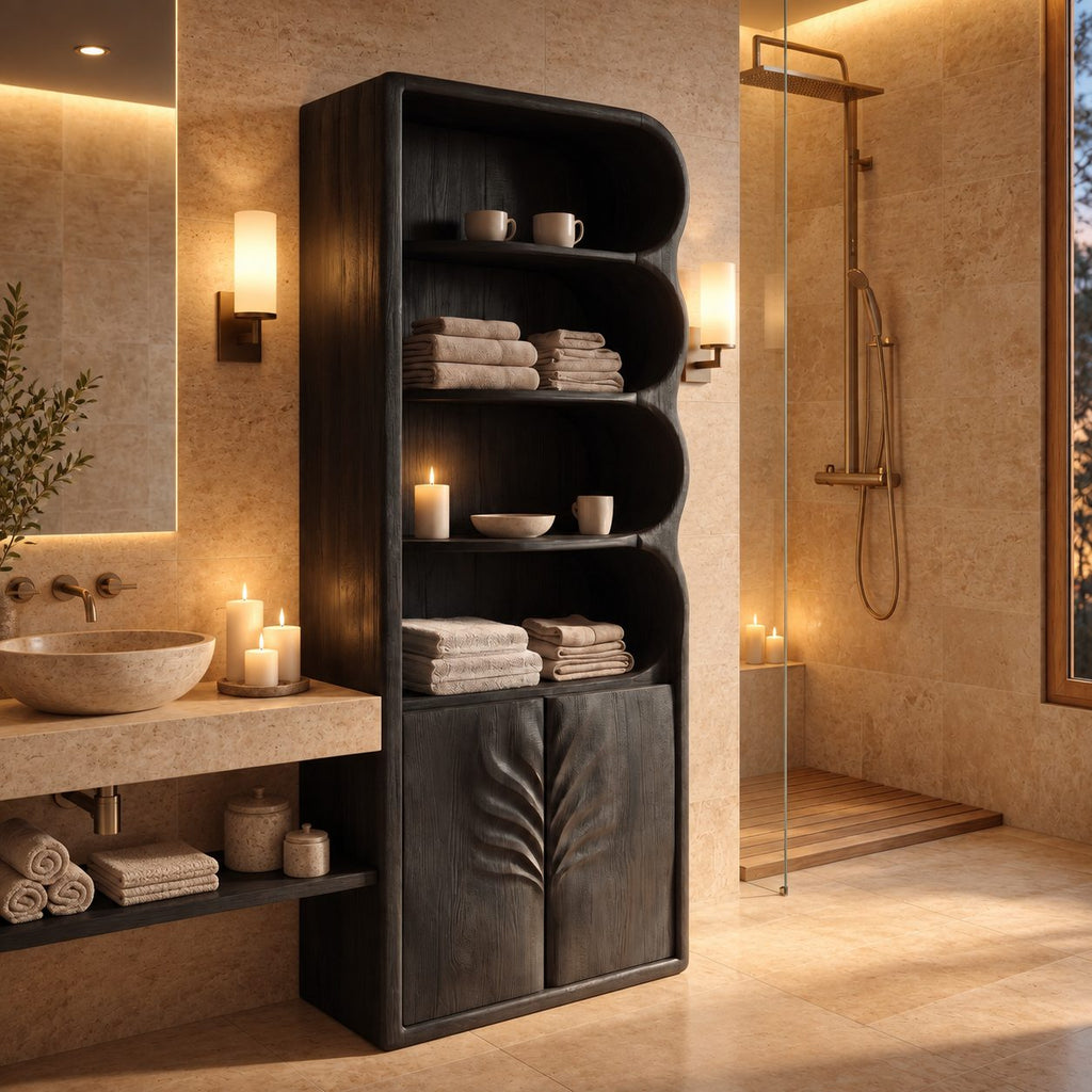 Leaf Carved Door Tall Bathroom Cabinet with Scalloped Open Shelves, Solid Wood Linen Storage 50-70 Inch