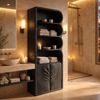 Leaf Carved Door Tall Bathroom Cabinet with Scalloped Open Shelves, Solid Wood Linen Storage 50-70 Inch
