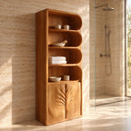 Leaf Carved Door Tall Bathroom Cabinet with Scalloped Open Shelves, Solid Wood Linen Storage 50-70 Inch