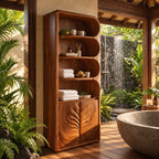 Leaf Carved Door Tall Bathroom Cabinet with Scalloped Open Shelves, Solid Wood Linen Storage 50-70 Inch