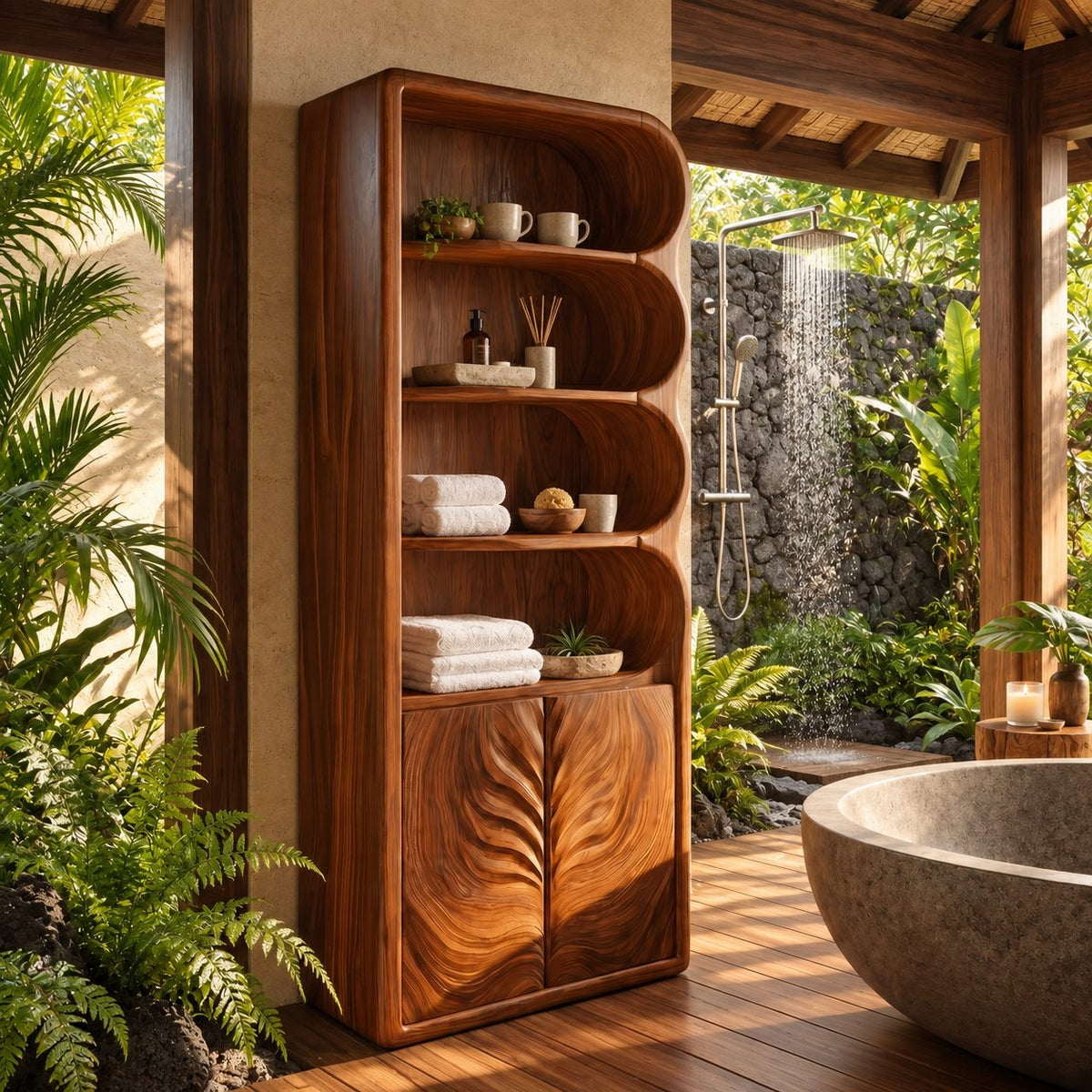 Leaf Carved Door Tall Bathroom Cabinet with Scalloped Open Shelves, Solid Wood Linen Storage 50-70 Inch