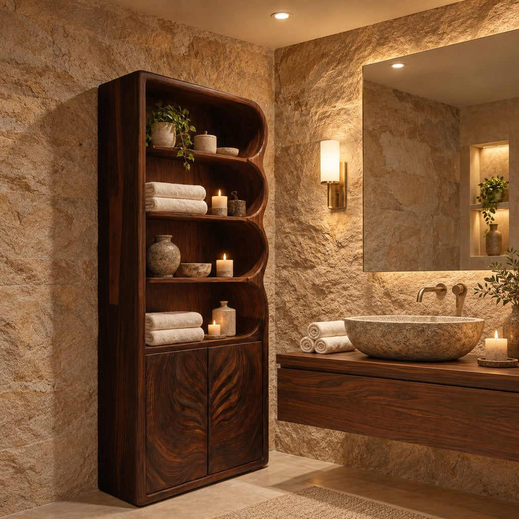 Leaf Carved Door Tall Bathroom Cabinet with Scalloped Open Shelves, Solid Wood Linen Storage 50-70 Inch