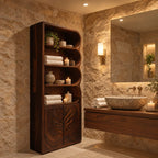Leaf Carved Door Tall Bathroom Cabinet with Scalloped Open Shelves, Solid Wood Linen Storage 50-70 Inch