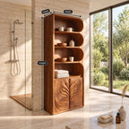 Leaf Carved Door Tall Bathroom Cabinet with Scalloped Open Shelves, Solid Wood Linen Storage 50-70 Inch