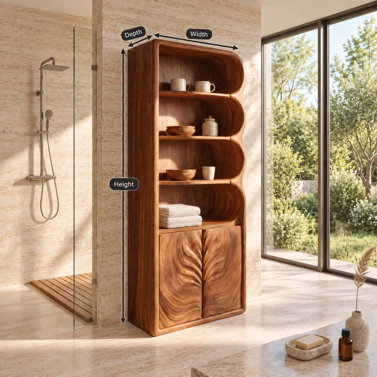 Leaf Carved Door Tall Bathroom Cabinet with Scalloped Open Shelves, Solid Wood Linen Storage 50-70 Inch