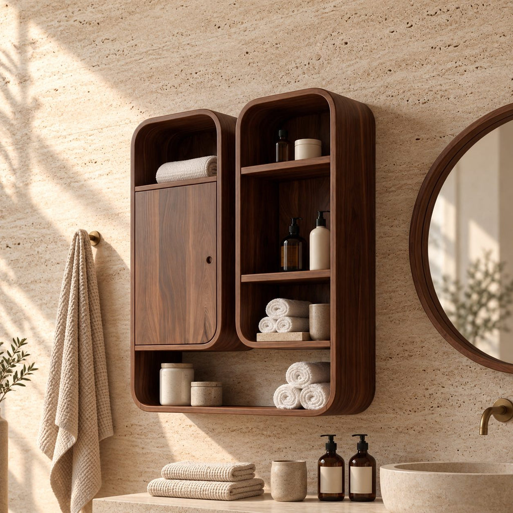 Capsule Twin Box Bathroom Wall Cabinet with One Door and Open Shelves, Rounded Solid Wood 25-32 Inch