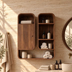 Capsule Twin Box Bathroom Wall Cabinet with One Door and Open Shelves, Rounded Solid Wood 25-32 Inch