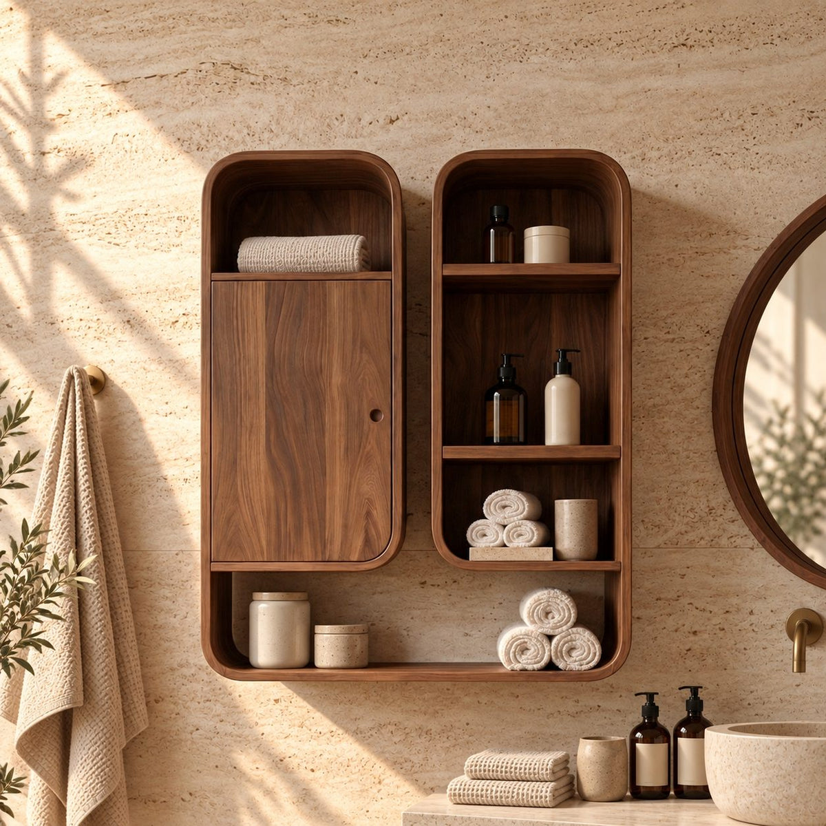 Capsule Twin Box Bathroom Wall Cabinet with One Door and Open Shelves, Rounded Solid Wood 25-32 Inch