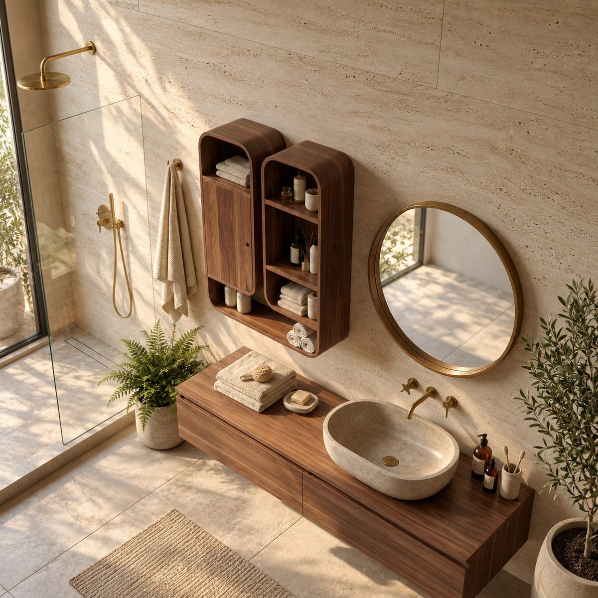 Capsule Twin Box Bathroom Wall Cabinet with One Door and Open Shelves, Rounded Solid Wood 25-32 Inch