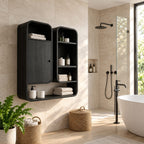 Capsule Twin Box Bathroom Wall Cabinet with One Door and Open Shelves, Rounded Solid Wood 25-32 Inch