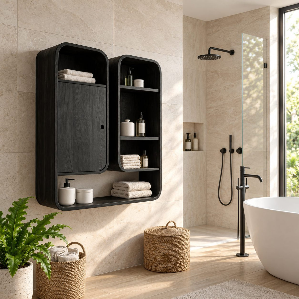 Capsule Twin Box Bathroom Wall Cabinet with One Door and Open Shelves, Rounded Solid Wood 25-32 Inch