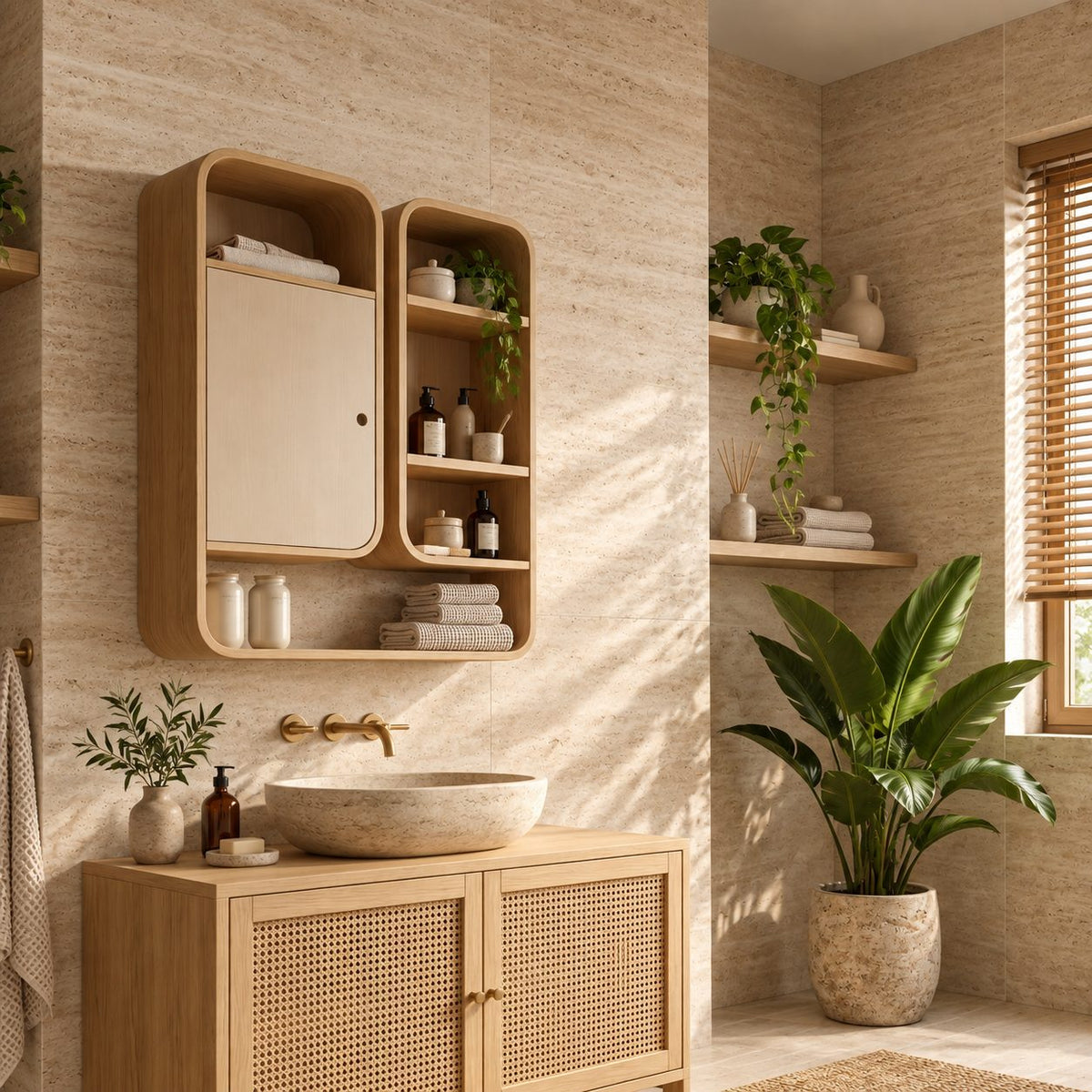 Capsule Twin Box Bathroom Wall Cabinet with One Door and Open Shelves, Rounded Solid Wood 25-32 Inch