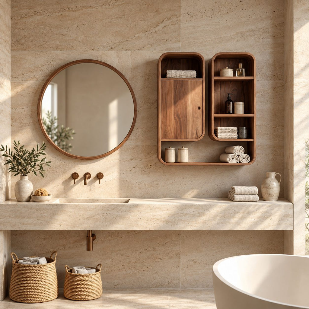Capsule Twin Box Bathroom Wall Cabinet with One Door and Open Shelves, Rounded Solid Wood 25-32 Inch