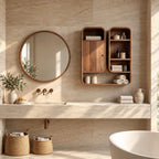 Capsule Twin Box Bathroom Wall Cabinet with One Door and Open Shelves, Rounded Solid Wood 25-32 Inch