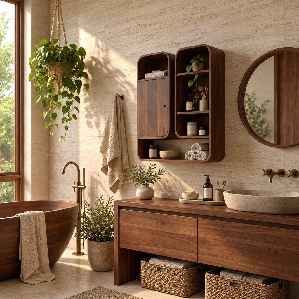 Capsule Twin Box Bathroom Wall Cabinet with One Door and Open Shelves, Rounded Solid Wood 25-32 Inch