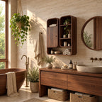 Capsule Twin Box Bathroom Wall Cabinet with One Door and Open Shelves, Rounded Solid Wood 25-32 Inch