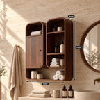 Capsule Twin Box Bathroom Wall Cabinet with One Door and Open Shelves, Rounded Solid Wood 25-32 Inch