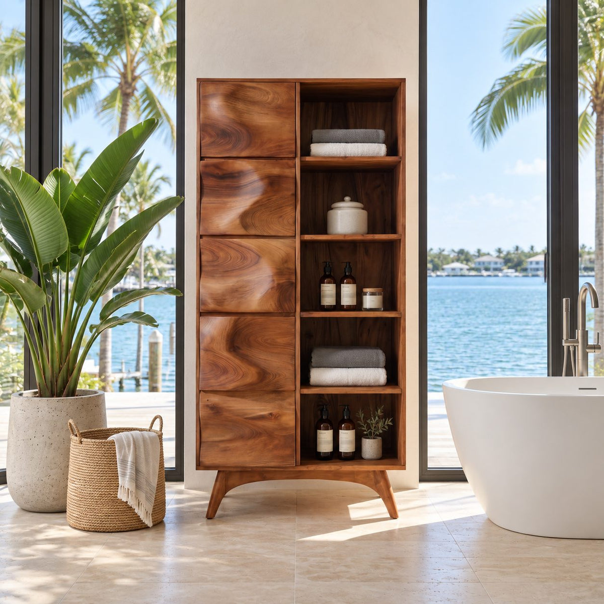 Wave Door Linen Cabinet with Open Towel Cubbies and Splayed Legs, Tall Solid Wood Bathroom Storage