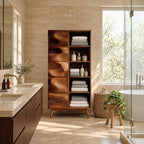 Wave Door Linen Cabinet with Open Towel Cubbies and Splayed Legs, Tall Solid Wood Bathroom Storage