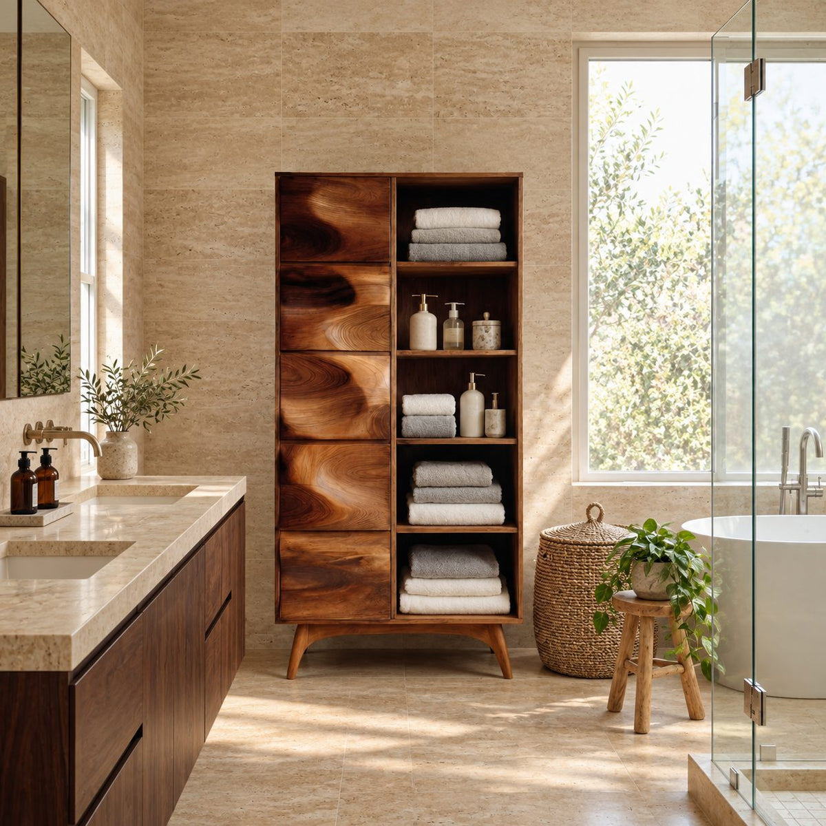 Wave Door Linen Cabinet with Open Towel Cubbies and Splayed Legs, Tall Solid Wood Bathroom Storage