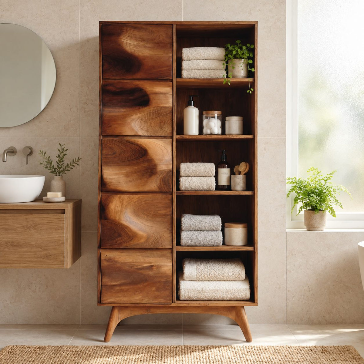 Wave Door Linen Cabinet with Open Towel Cubbies and Splayed Legs, Tall Solid Wood Bathroom Storage